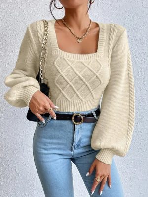 Solid Color Square Collar Sweater – Autumn Winter Fashion