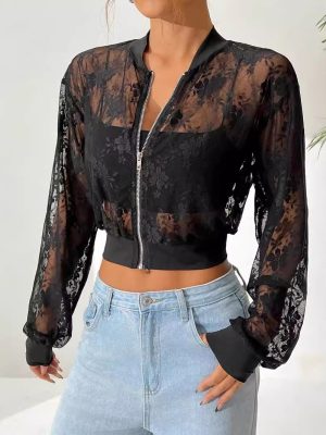 Autumn Winter Women Jacquard Lace See-Through Zip Short Jacket