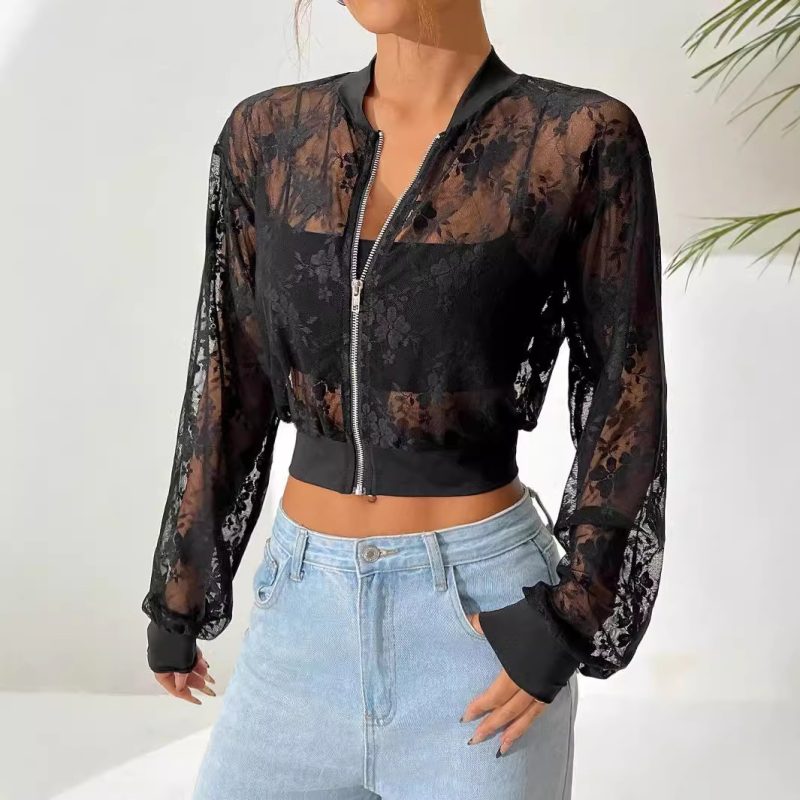 Autumn Winter Women Jacquard Lace See-Through Zip Short Jacket