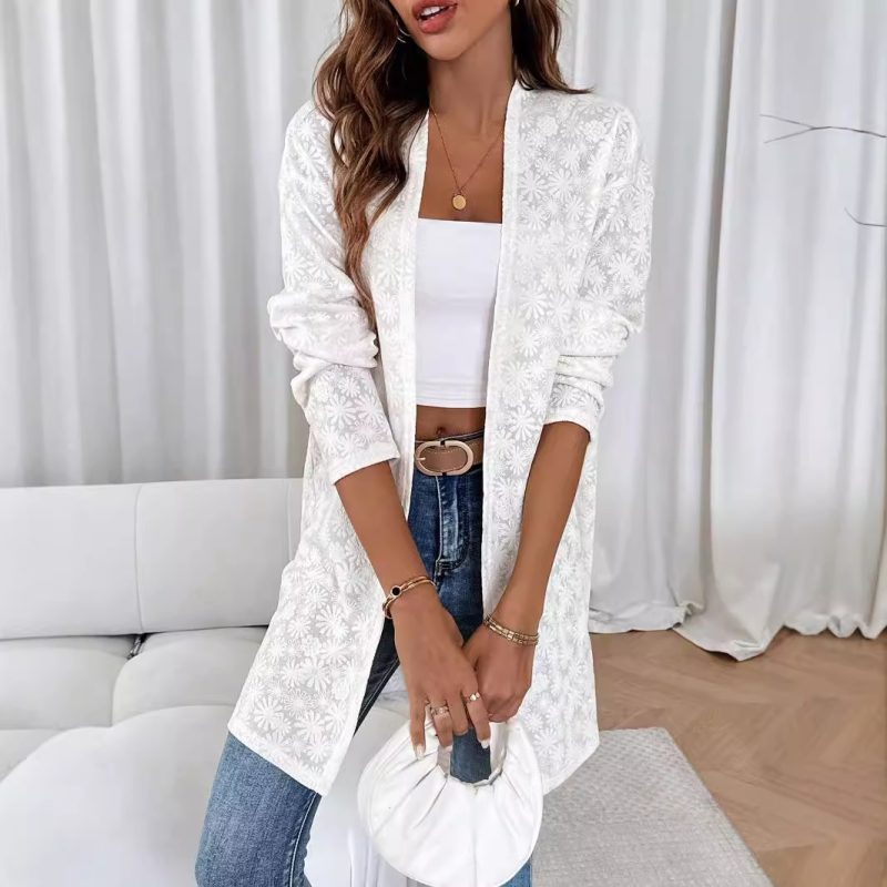 Elegant Solid Color Knitted Jacquard Long Cardigan for Women - Image 3