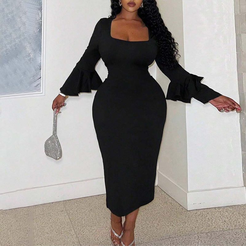 Plus Size Square Collar Ruffle Sleeve Slim Midi Dress - Image 4