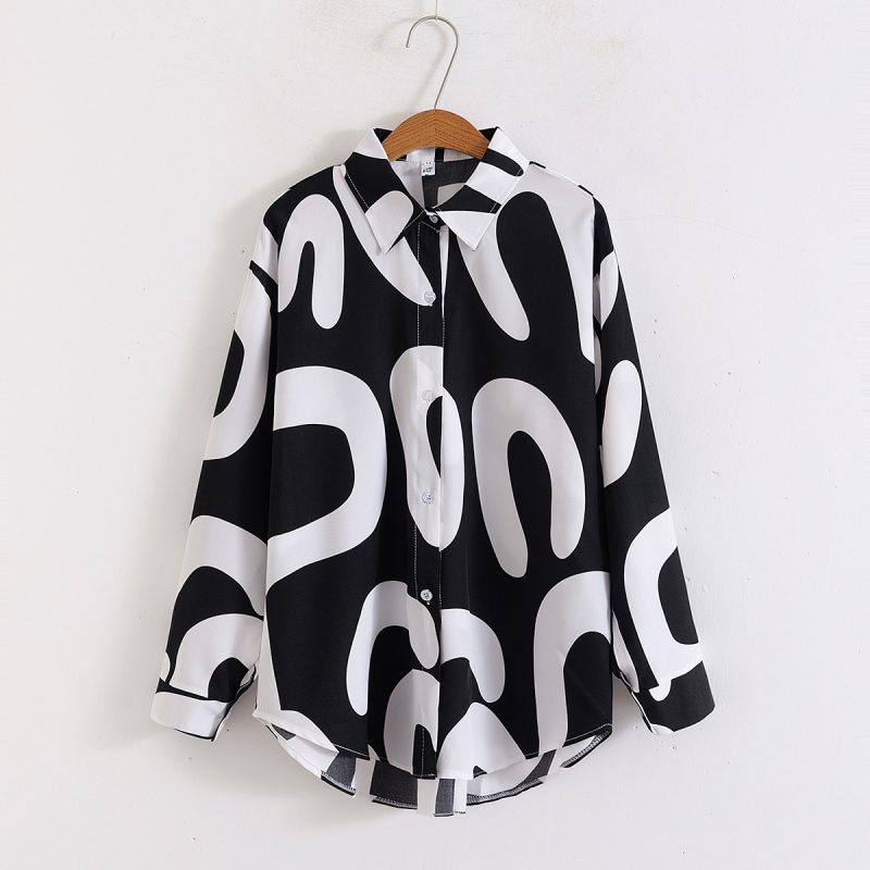 Printed Loose Collared Long Sleeve Shirt - Women’s Top