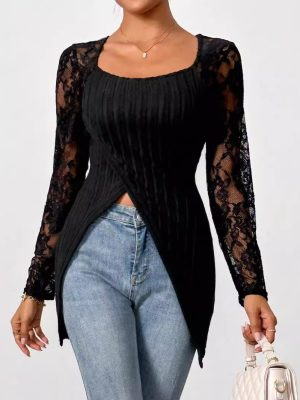 Lace Stitching Asymmetric Hem Top – Slim Fit Long Sleeve Women’s T-Shirt