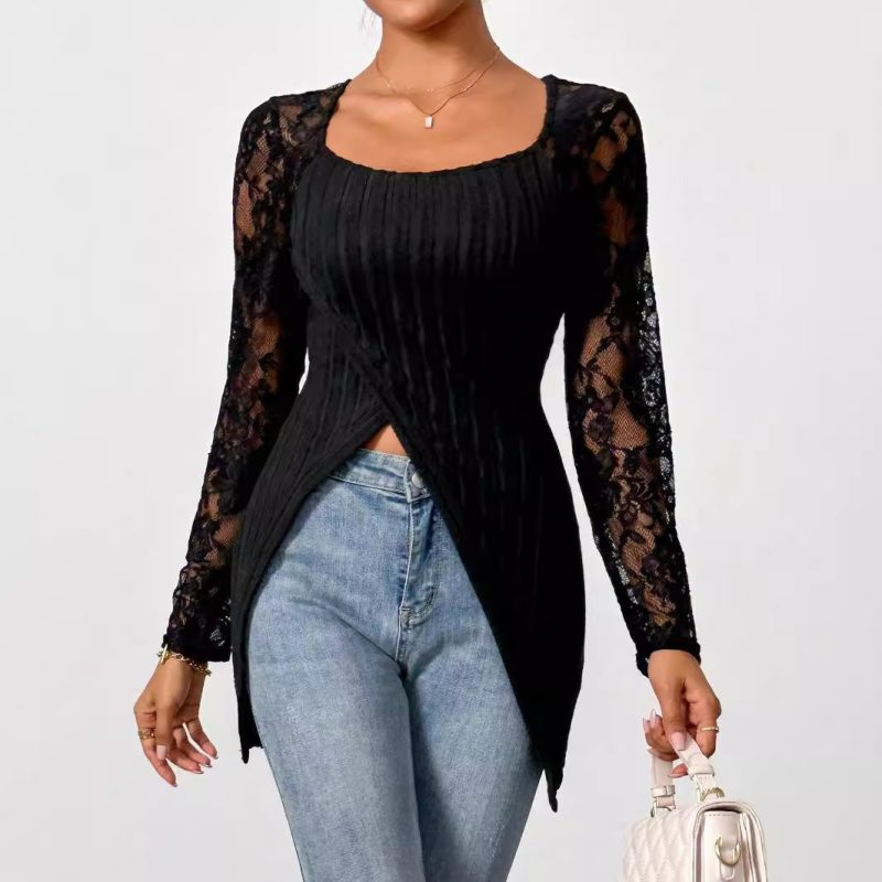 Lace Stitching Asymmetric Hem Top - Slim Fit Long Sleeve Women’s T-Shirt