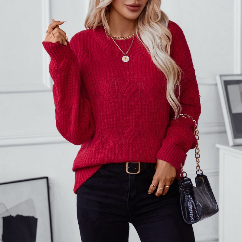 Solid Color Woven Sweater - Casual Autumn Winter Top - Image 3