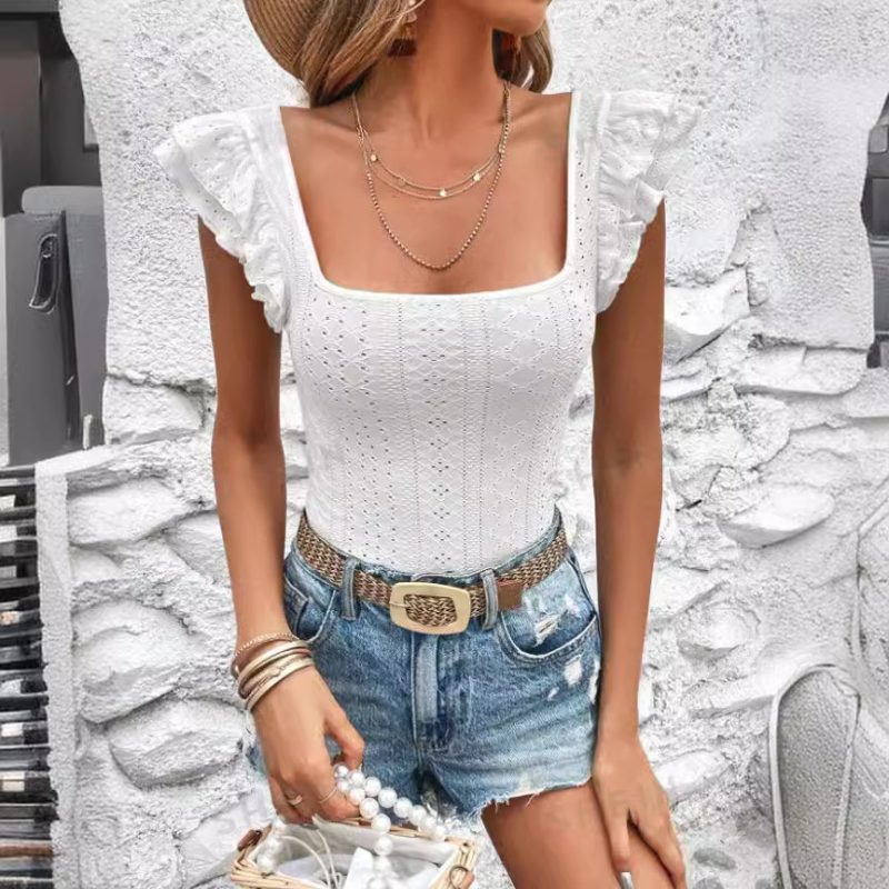 Ruffled Square Collar Slim T-Shirt - Summer Women’s Top