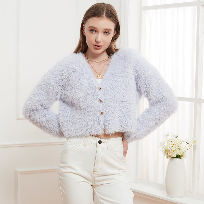 Mink-Like V Neck Knitted Cardigan - Casual Short Coat