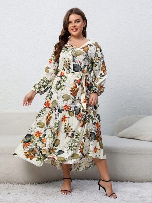 Plus Size Floral V-Neck Long Sleeve Swing Dress