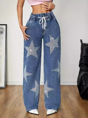 Star-Embroidered Wide-Leg Jeans – Retro High-Street Style