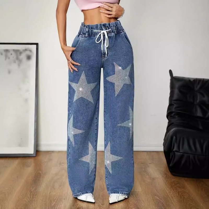 Star-Embroidered Wide-Leg Jeans - Retro High-Street Style