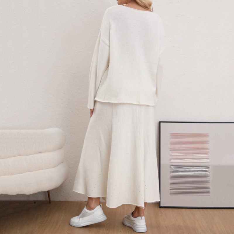 Solid Color Round Neck Sweater & Long Skirt Set - Casual Two-Piece - Image 2