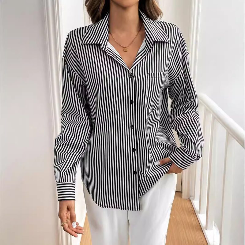 Elegant Striped Button-Up Shirt with Back Bow for Women - Image 4