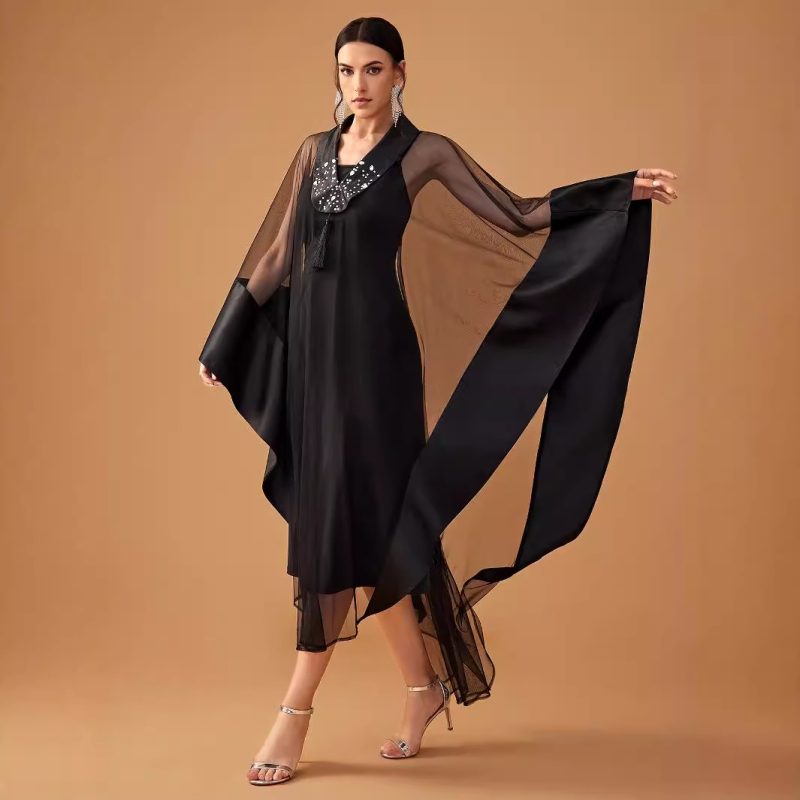Mid East Wind Rhinestone V-Neck Long Sleeve Two-Piece Cape Cocktail Evening Dress for Ladies