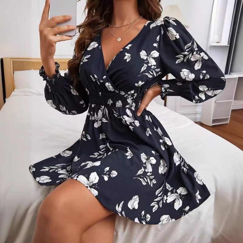 Floral Printed V-Neck Lantern Sleeve Dress - Elegant Autumn Winter