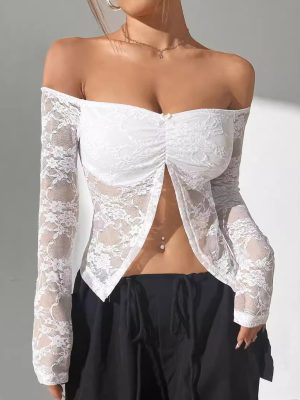 Elegant Off-Shoulder Lace Asymmetric Long Sleeve Top for Women