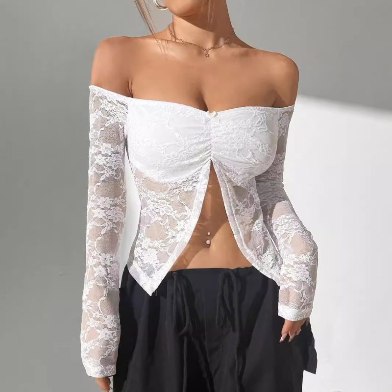 Elegant Off-Shoulder Lace Asymmetric Long Sleeve Top for Women