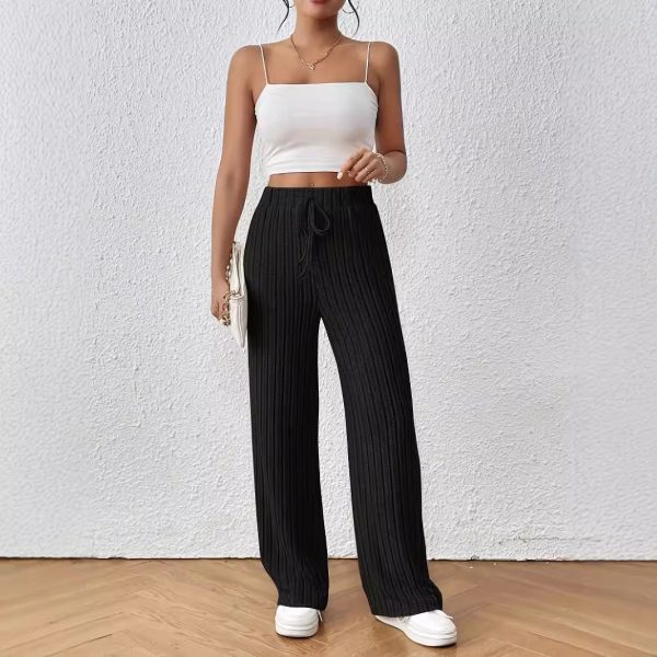 Knitted Wide Leg Trousers - Knot Waist, Elastic High-Waist Casual Pants - Image 2