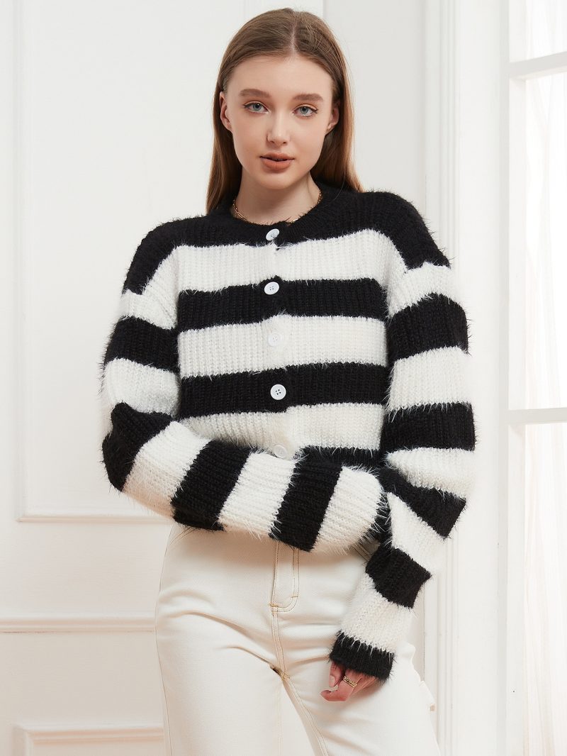 Knitted Round Neck Striped Buckle Cardigan Sweater for Women - Image 2