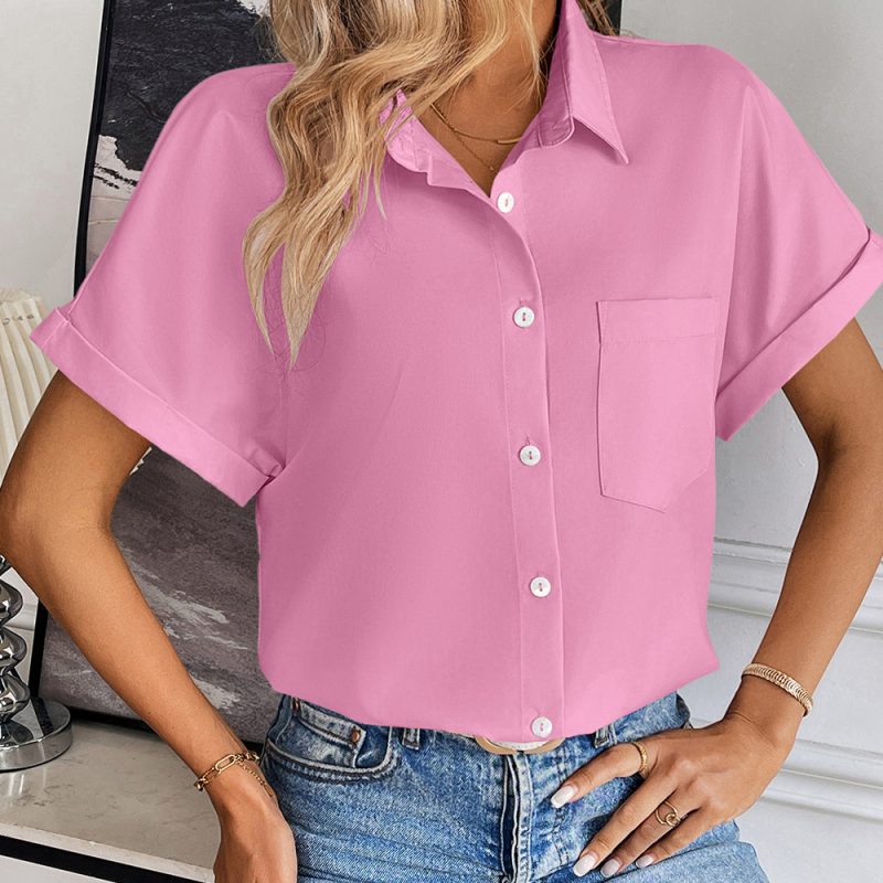 Casual Loose Solid Color Short Sleeve Shirt for Women