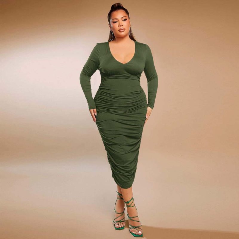 Plus Size Sexy V-Neck Pencil Dress - High Waist & Ruched, Autumn/Winter - Image 3