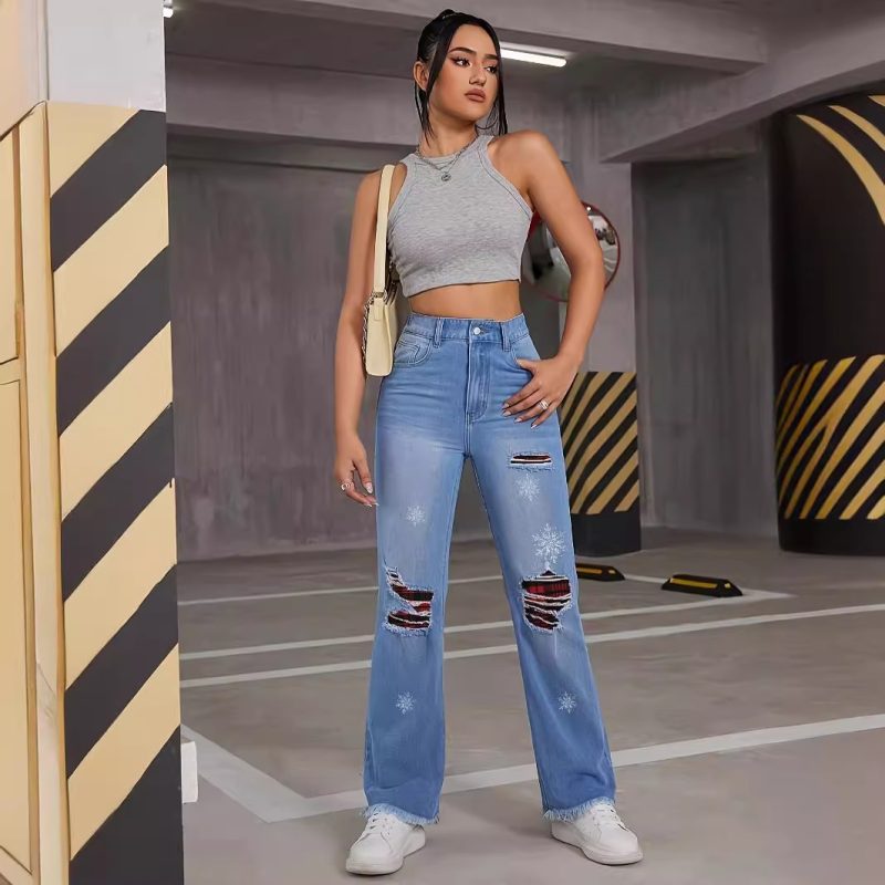 Trendy Plaid Ripped Jeans - Loose Fit for Autumn/Winter - Image 3