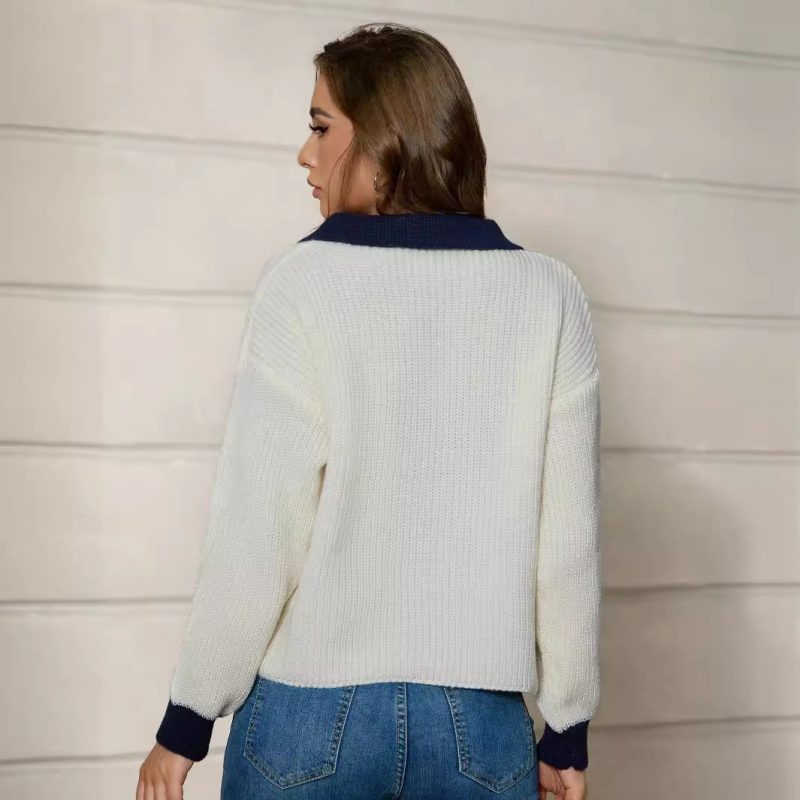 Polo Collar Knitted Cardigan - Long Sleeve Solid Color Top - Image 4