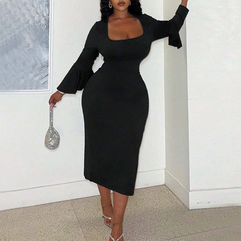 Plus Size Square Collar Ruffle Sleeve Slim Midi Dress - Image 3