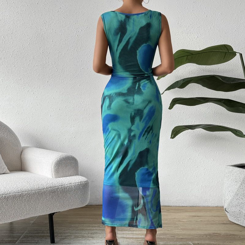 Sleeveless Slim Print Round Neck Dress with Slit Hemline - Image 4