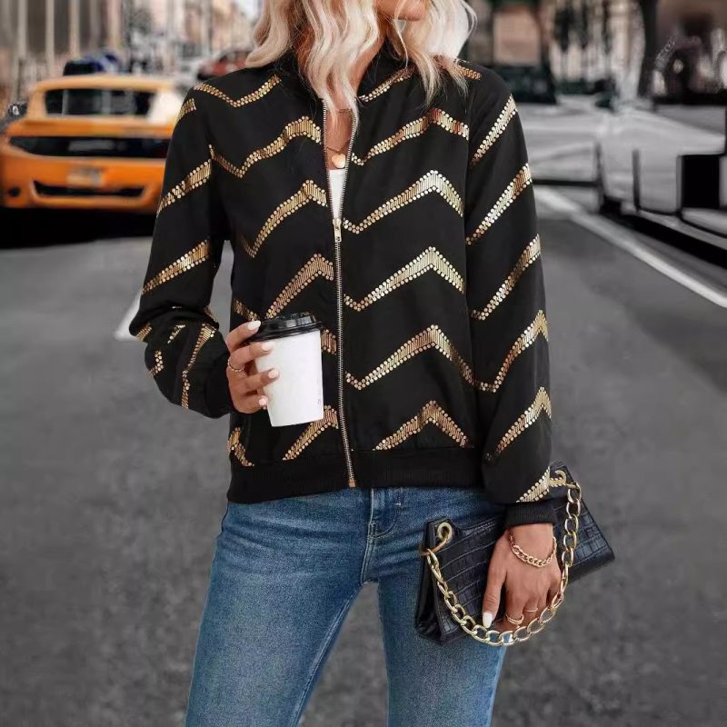 Zigzag Printed Bomber Jacket - Autumn Winter Zip Placket Coat for Women - Image 3
