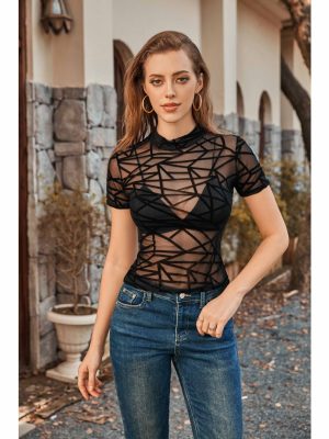 Women’s High Collar Short Sleeve Transparent Mesh Top