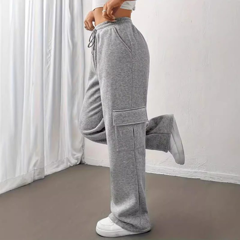 Gray Overalls for Women - Loose Wide Leg Sports Pants, Autumn-Winter Casual