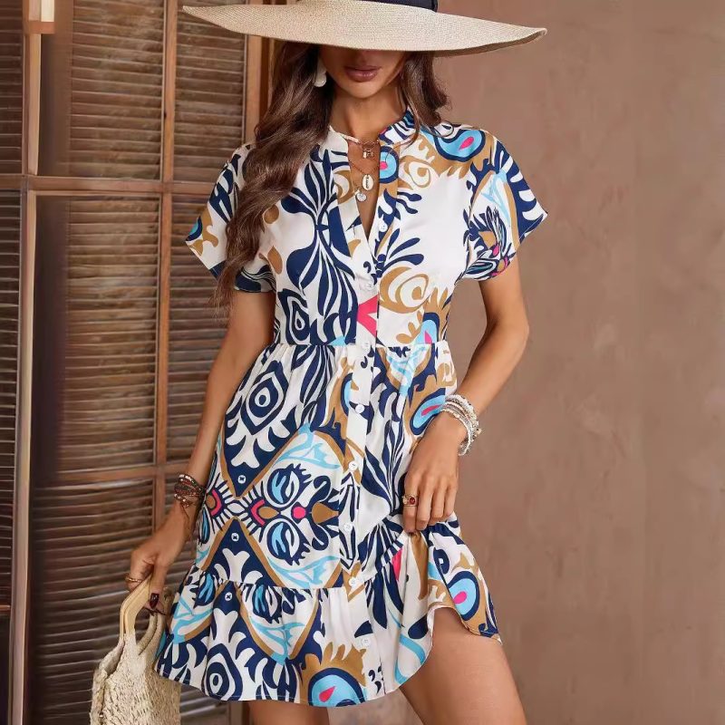 Batwing Sleeve Printed Ruffle Dress - Elegant Short Hem Dress