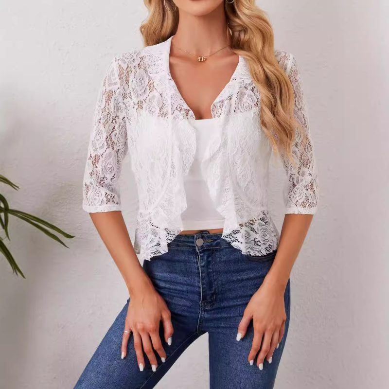 Elegant Ruffled Lace Top - Short Open Placket Women’s Blouse