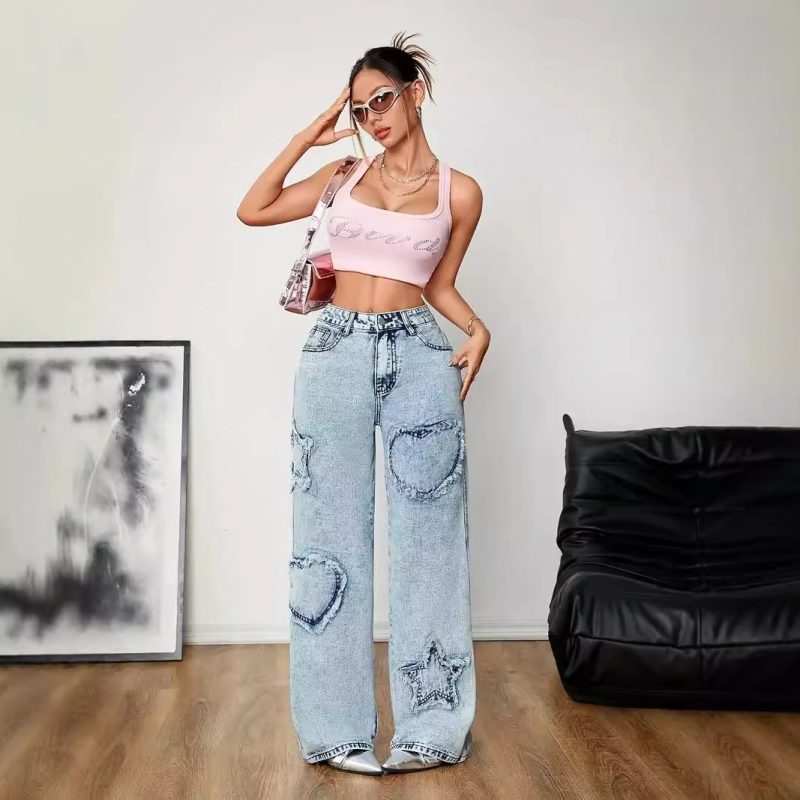 Retro High-Waist Jeans with Star Embroidery - Baggy & Straight - Image 3