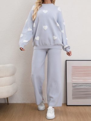 Solid Color Love Sweater and Trousers Two-Piece Set for Women