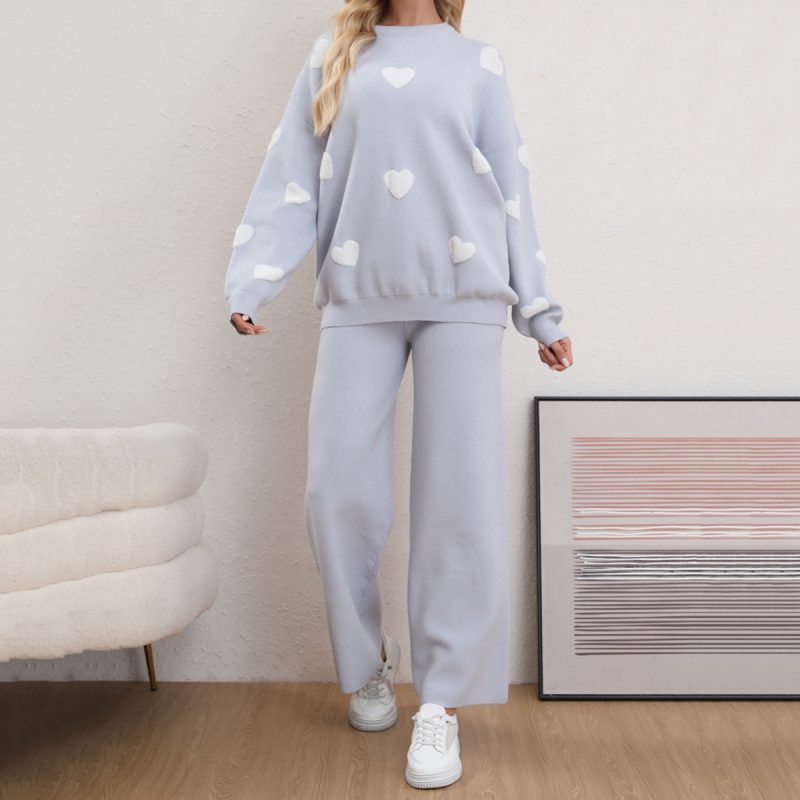 Solid Color Love Sweater and Trousers Two-Piece Set for Women