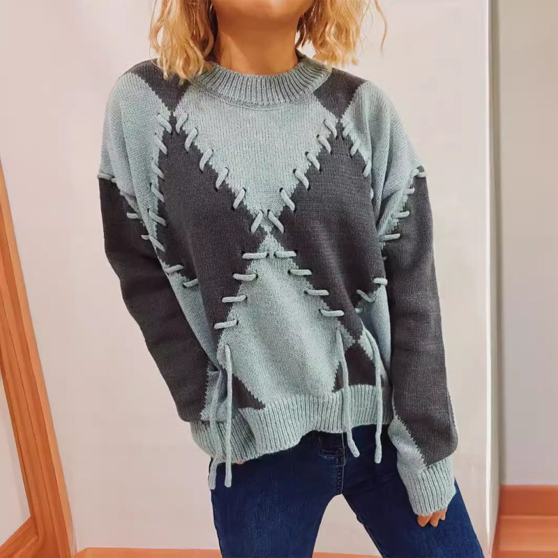 Spring Color Block Knitted Sweater - Diamond Lattice & Rope Strap - Image 3