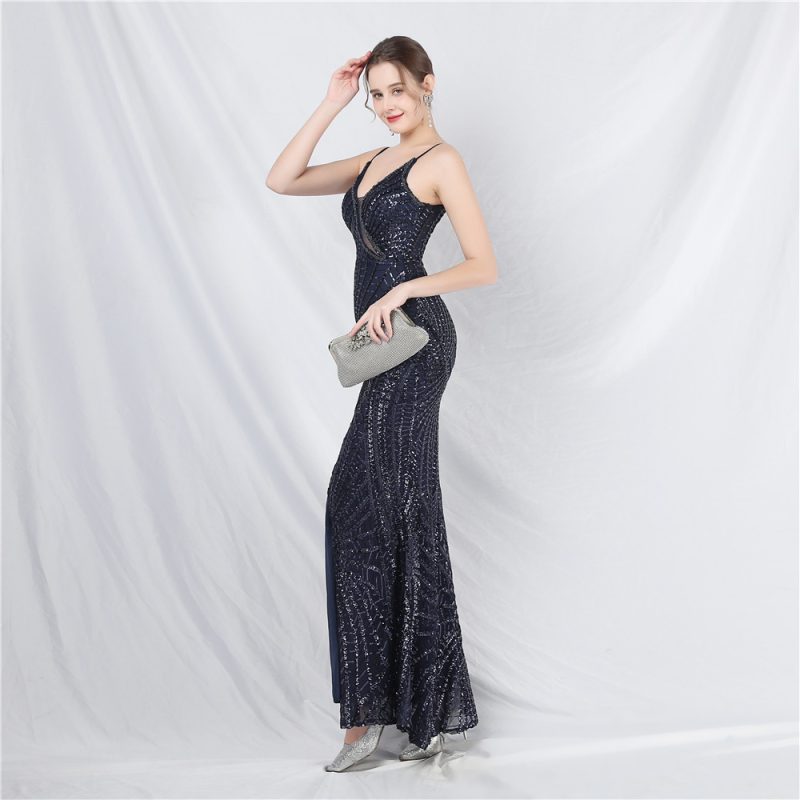 Beaded Sequin Strap Evening Dress - See-Through Gauze - Image 6