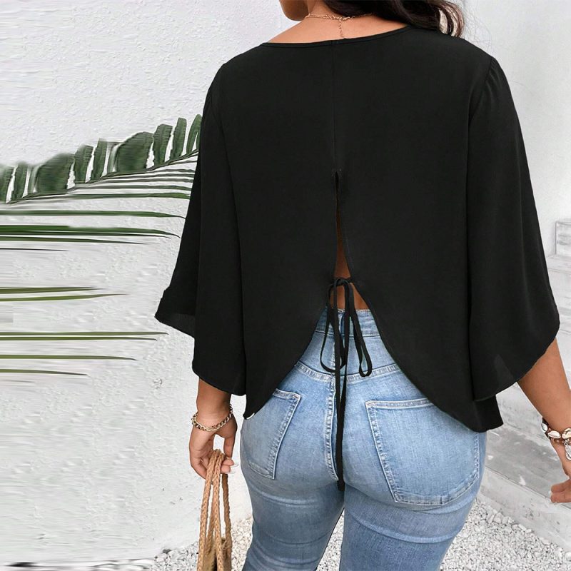 Plus Size Loose-Fit Bell Sleeve T-Shirt - Black, Autumn/Winter