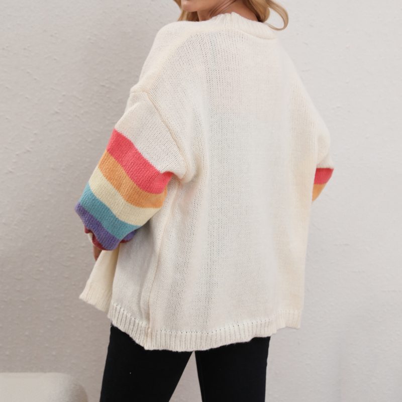 Solid Color Rainbow Stitching Cardigan - Autumn/Winter - Image 2