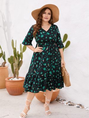 Plus Size Summer V-Neck Short Sleeve Ruffled Elastic Waist Dress