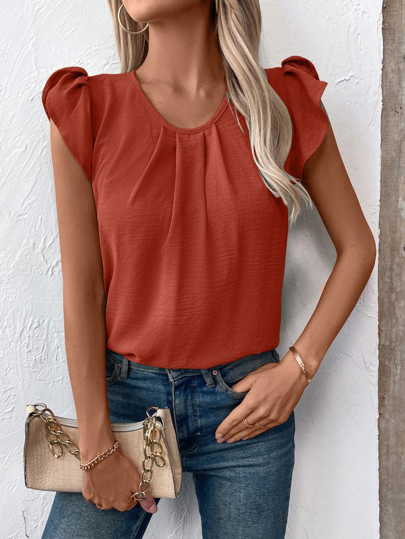 Women's Casual Round Neck Solid Color Ruffle Sleeve Short Sleeve Pullover T-Shirt - Image 4