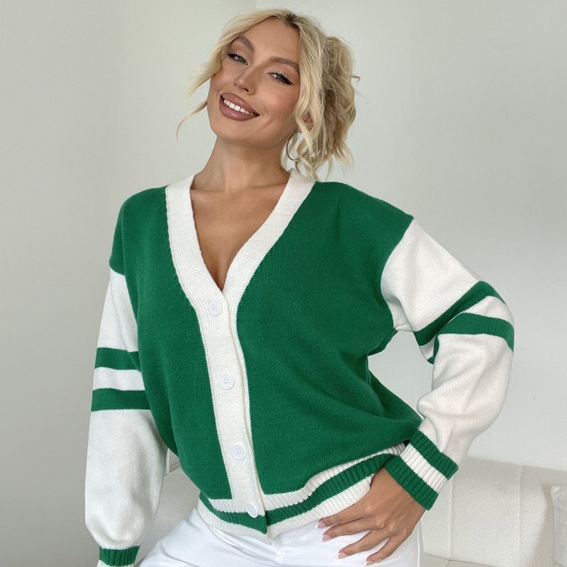 Contrast Color Cardigan - Loose Fit Knitted Autumn Winter Sweater