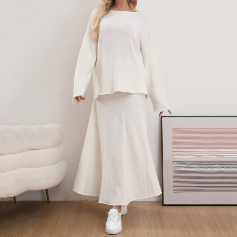 Solid Color Round Neck Sweater & Long Skirt Set - Casual Two-Piece - Image 4