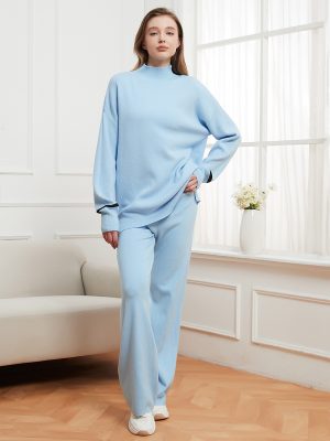 Solid Color Cuff Striped Loose Sweater and Trousers Two-Piece Set