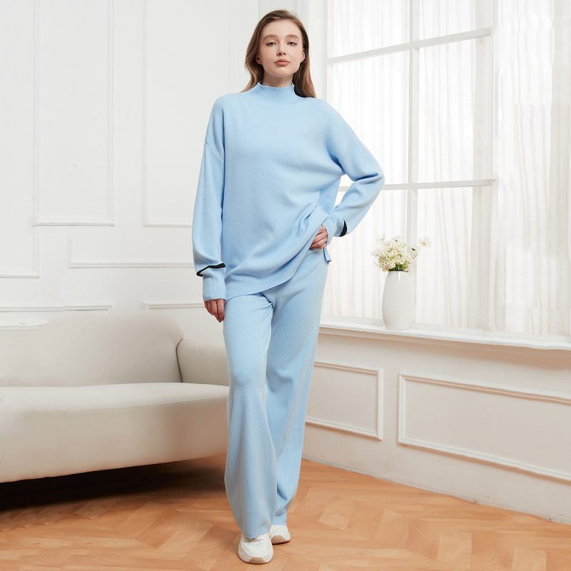 Solid Color Cuff Striped Loose Sweater and Trousers Two-Piece Set