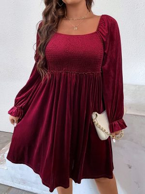 Plus Size Square Collar Ruched Wine Red Midi Dress for Women