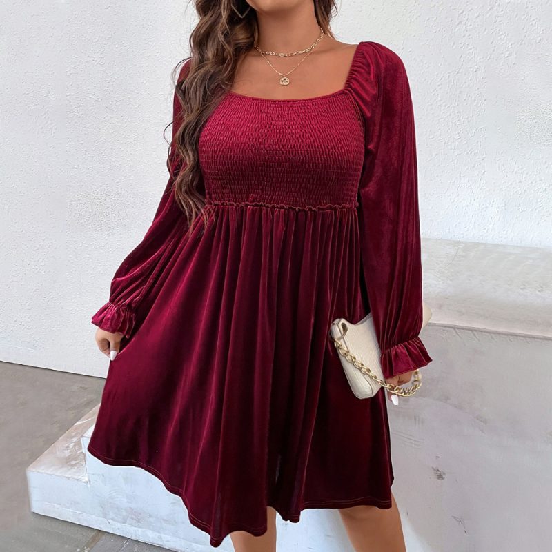 Plus Size Square Collar Ruched Wine Red Midi Dress for Women