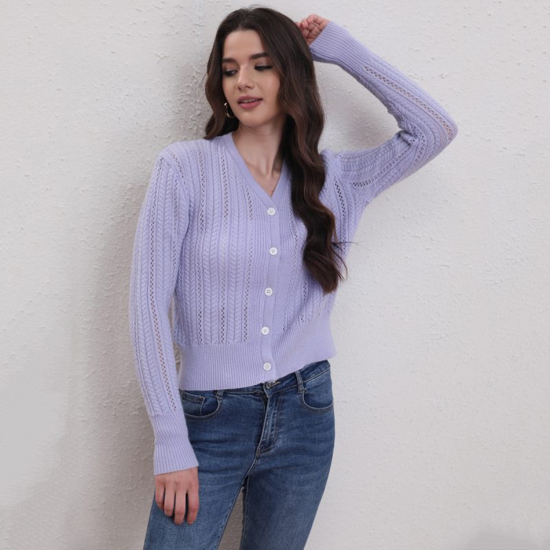 V-Neck Buckle Hollow Out Knitted Cardigan - Autumn/Winter