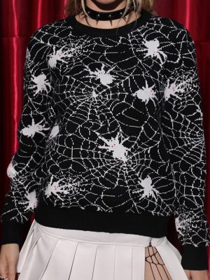 Black Spider Jacquard Sweater – Halloween Round Neck Knit